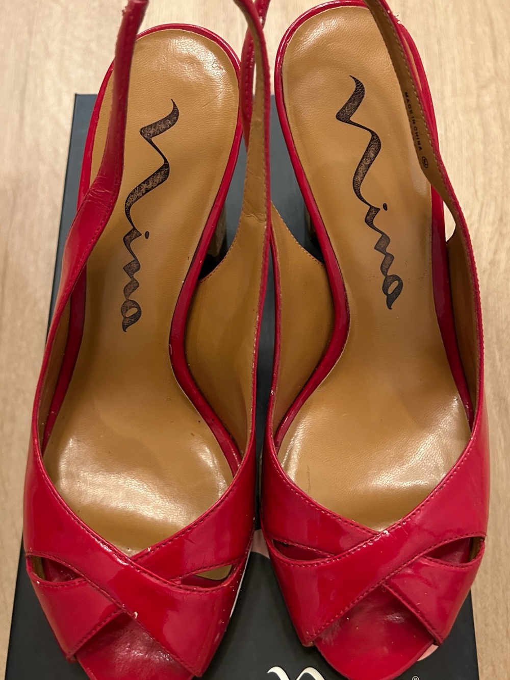 Nina Red Patent Leather Crisscross Peep-Toe Slingback Chunky Platform Heels
